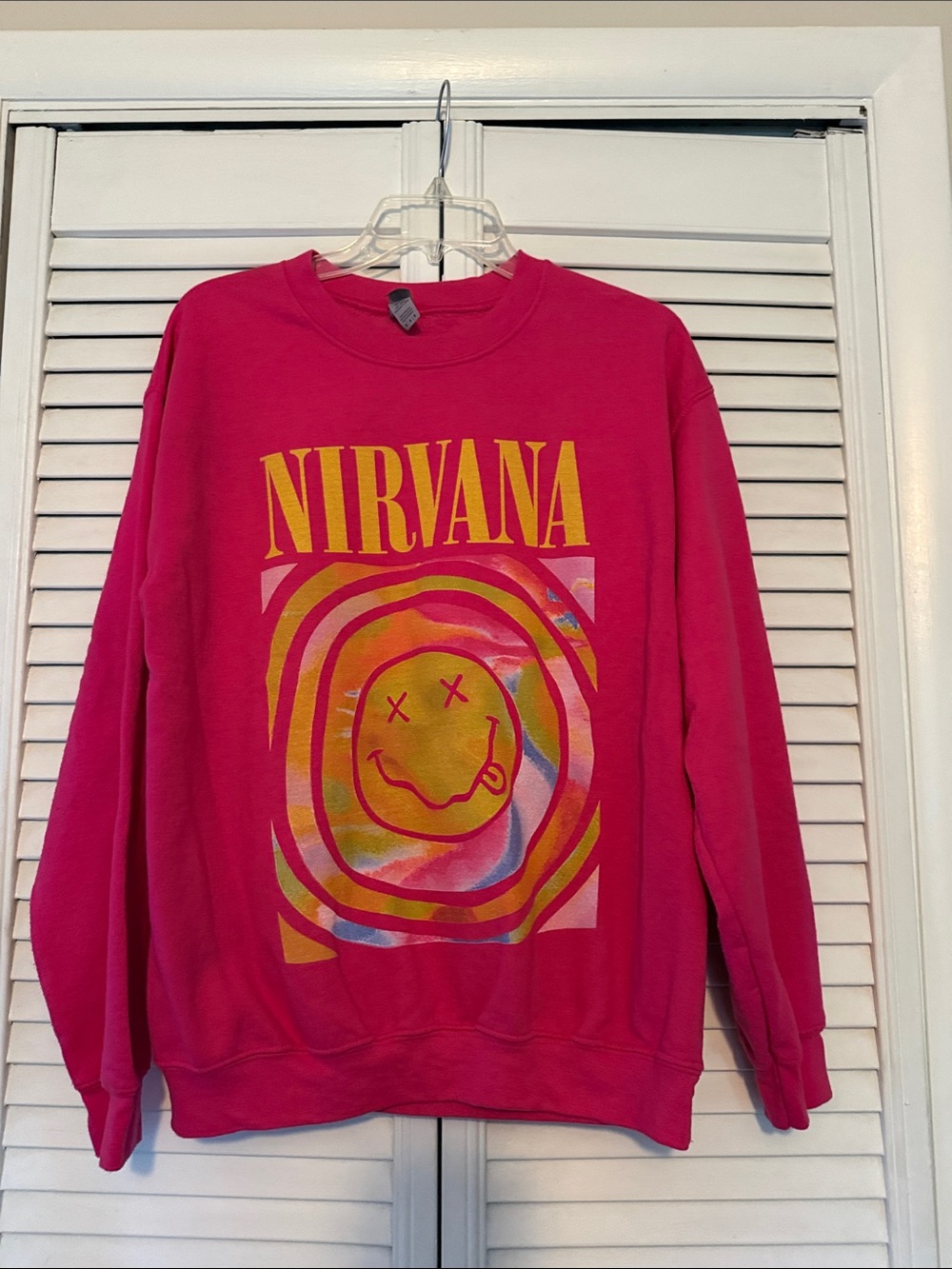 NIRVANA Hot Pink Crewneck with Yellow Multicolor Graphic